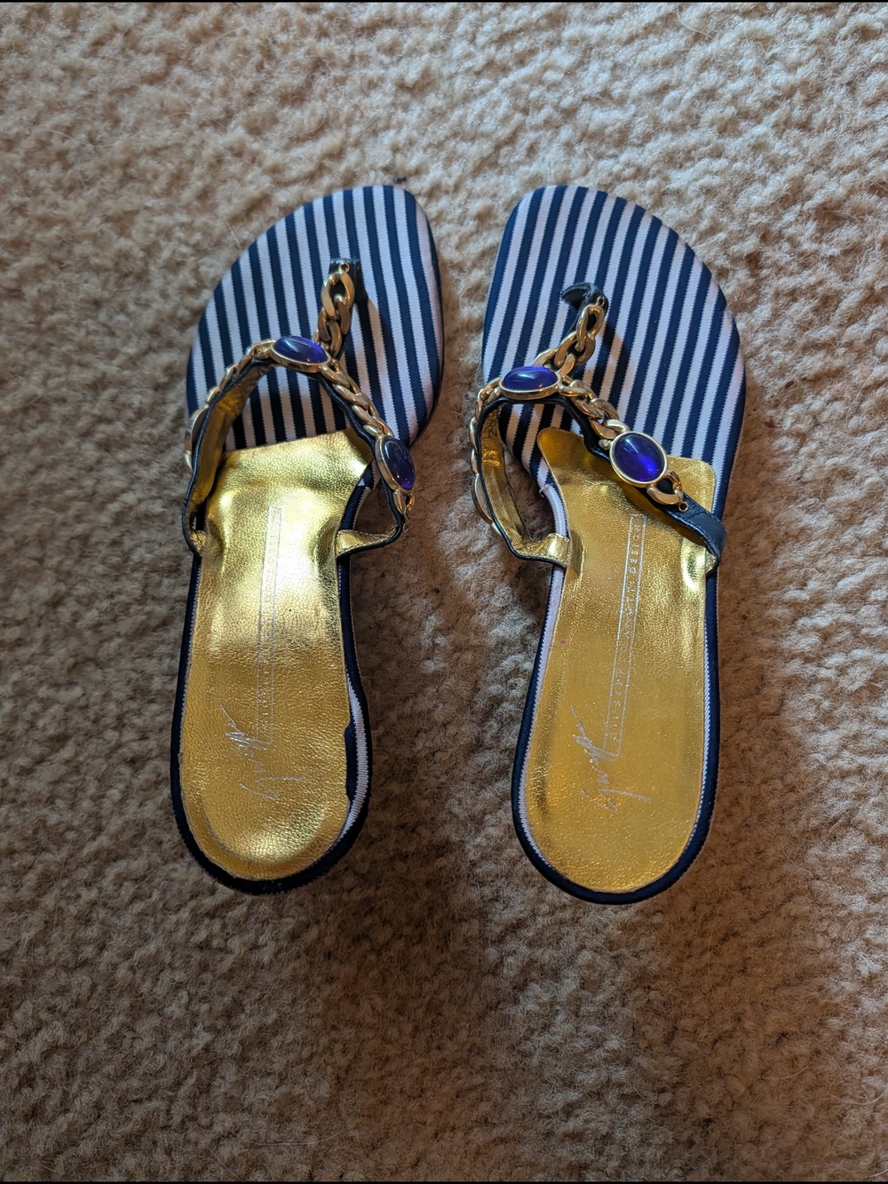 Vicini Navy White Striped Gold-Trim Flip Sandals with Purple Gem Accents